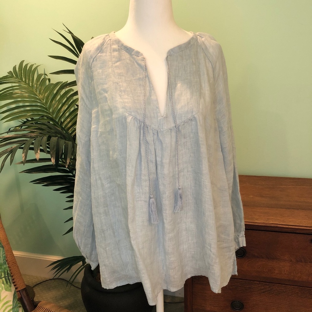 Joie Blue Linen Tassel Top